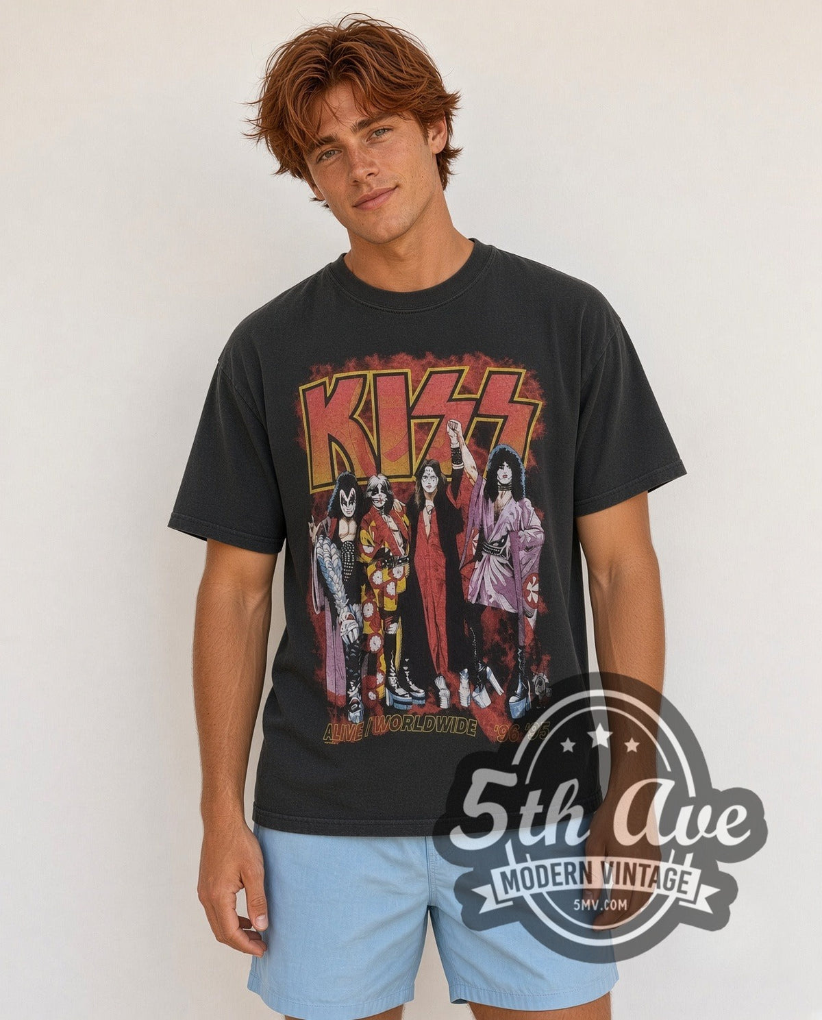 Model wearing the KISS Alive Worldwide Tour vintage band t-shirt