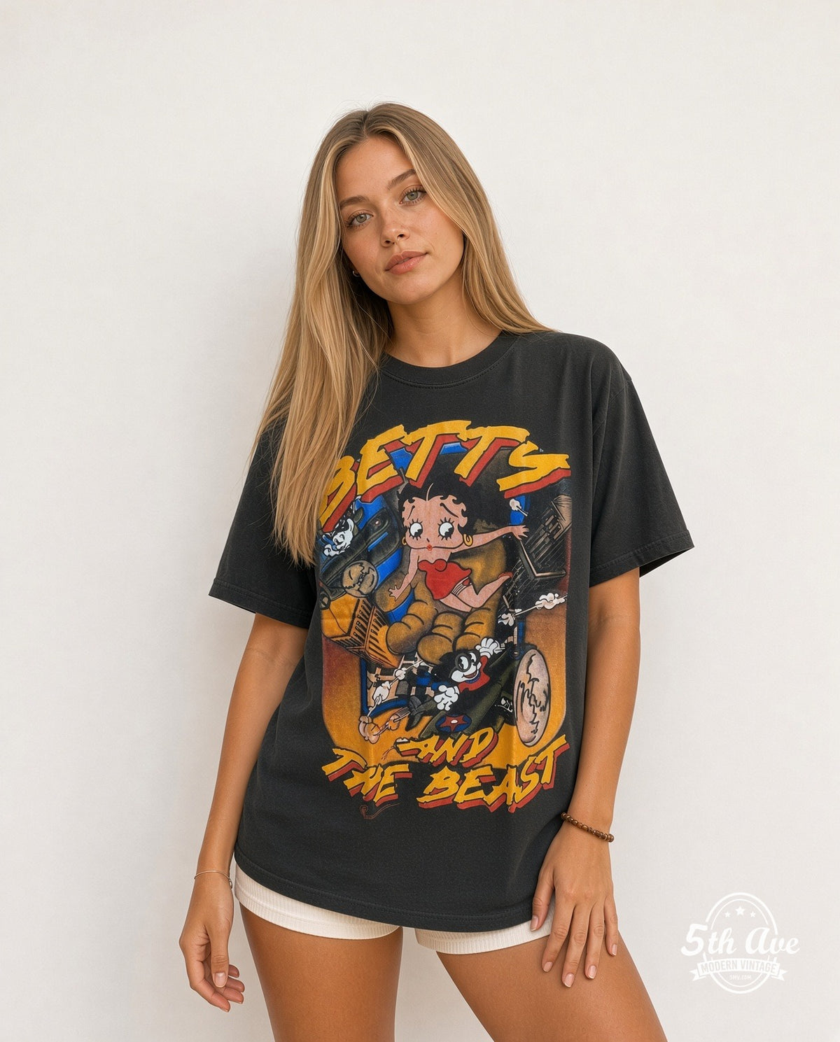 Model wearing the Betty Boop Betty and the Beast graphic tee