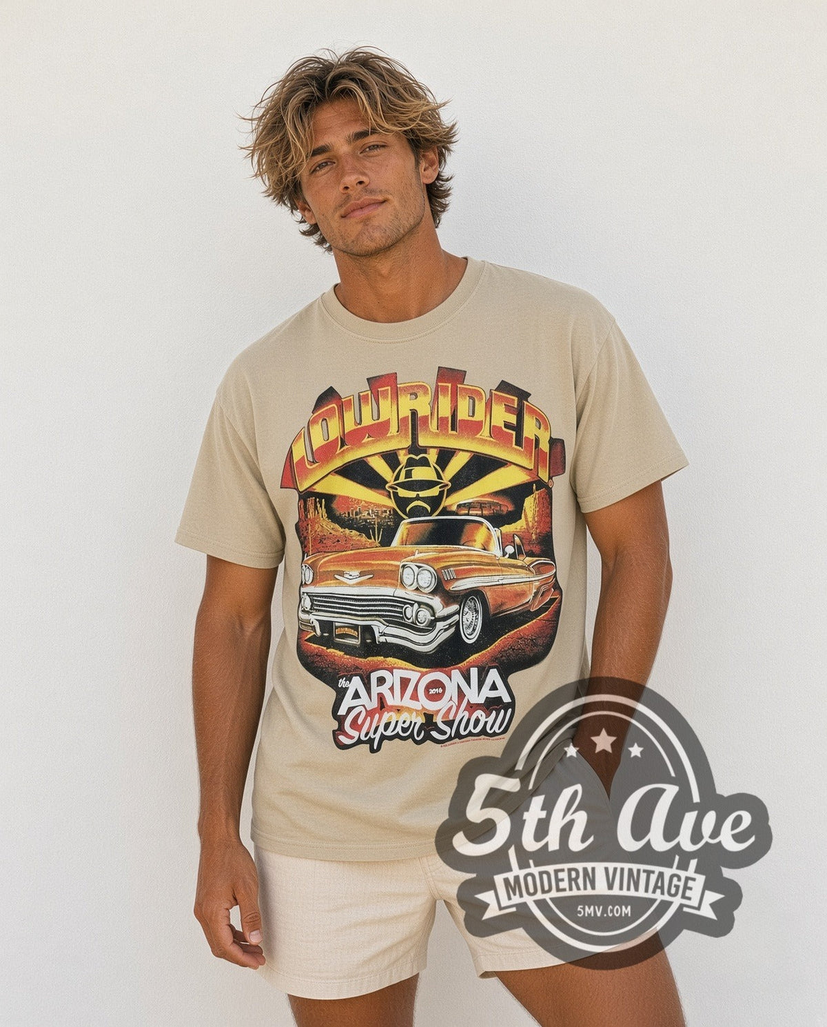 Model wearing the Rollin Hard Arizona Super Show Lowrider vintage graphic tee