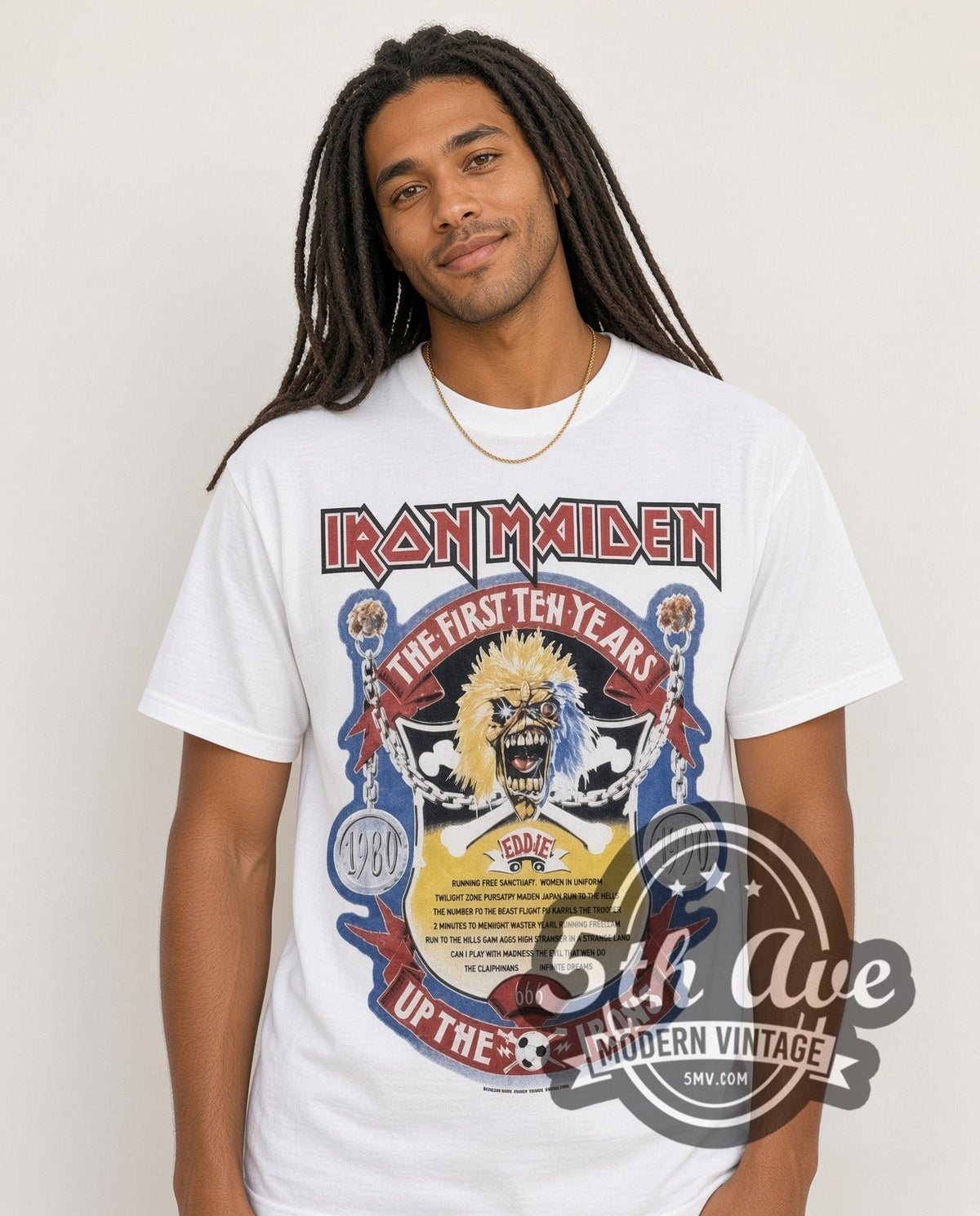 Model wearing the Iron Maiden First Ten Years vintage band t-shirt in white