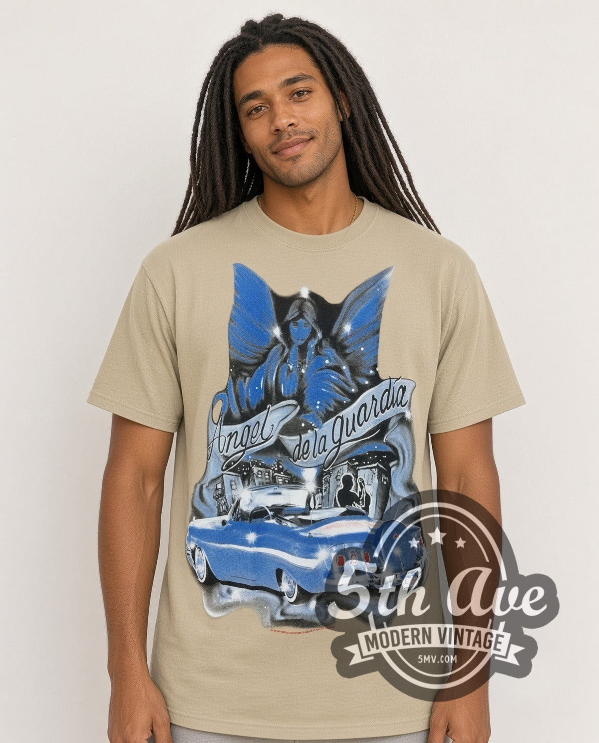 Model wearing the Rollin Hard Angel de la Guardia Lowrider vintage graphic tee in sand (photo 4)