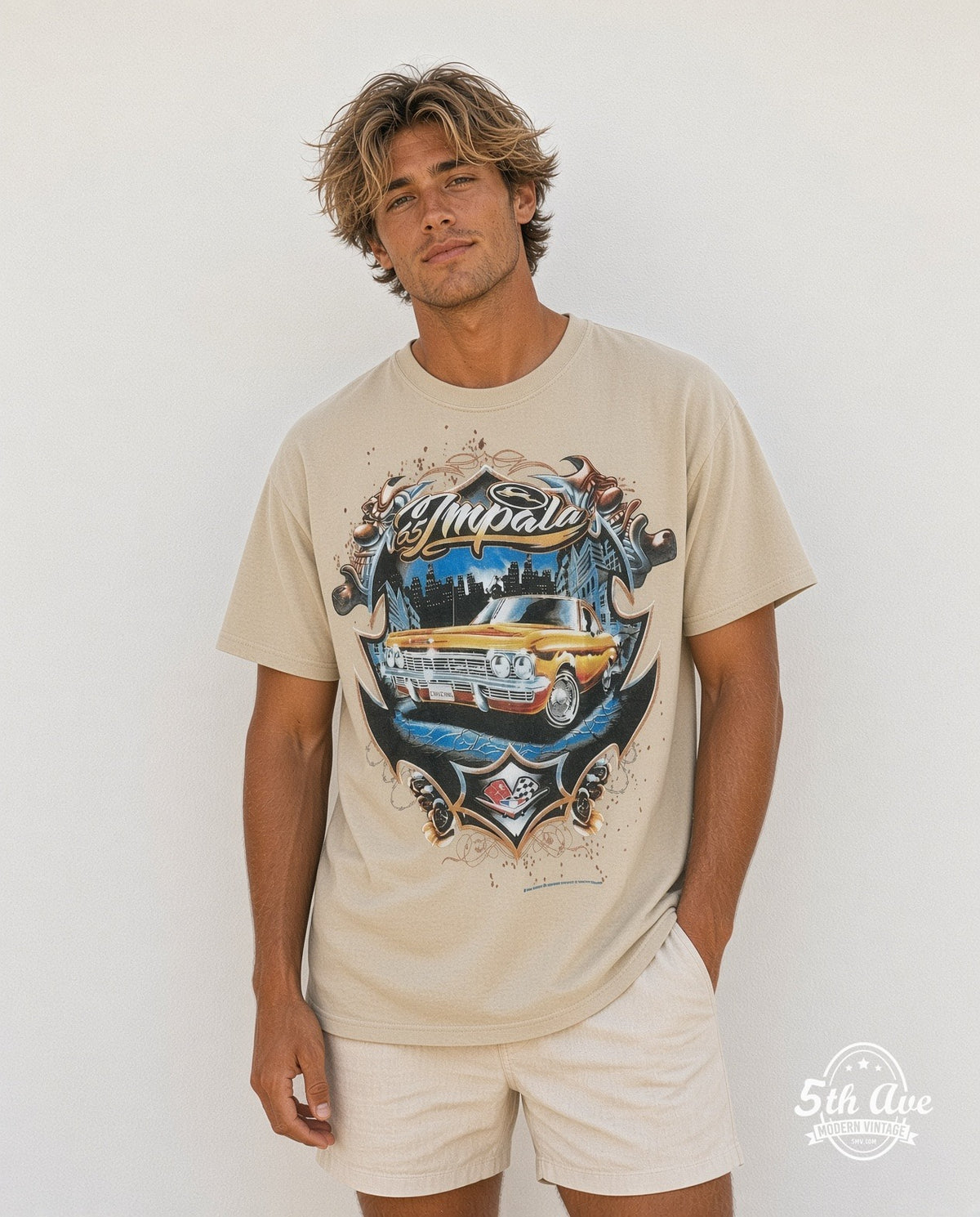 Model wearing the Rollin Hard Golden Impala Lowrider graphic tee