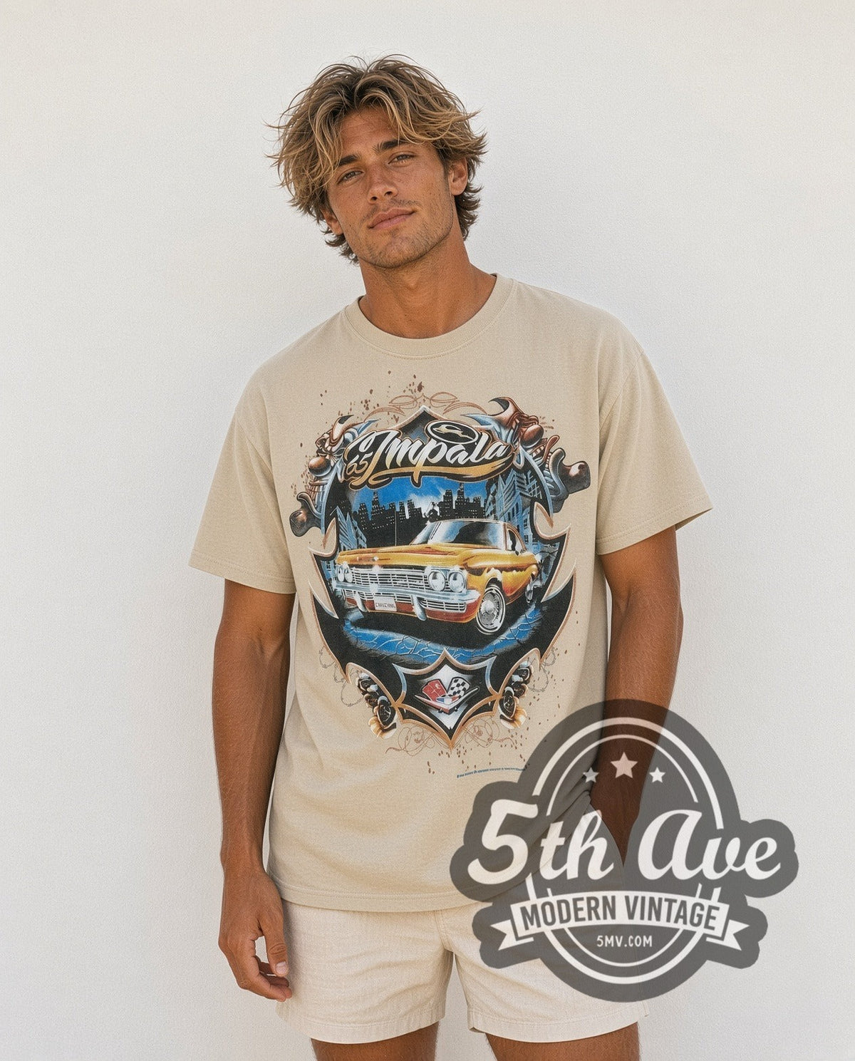 Model wearing the Rollin Hard Golden Impala Lowrider vintage graphic tee