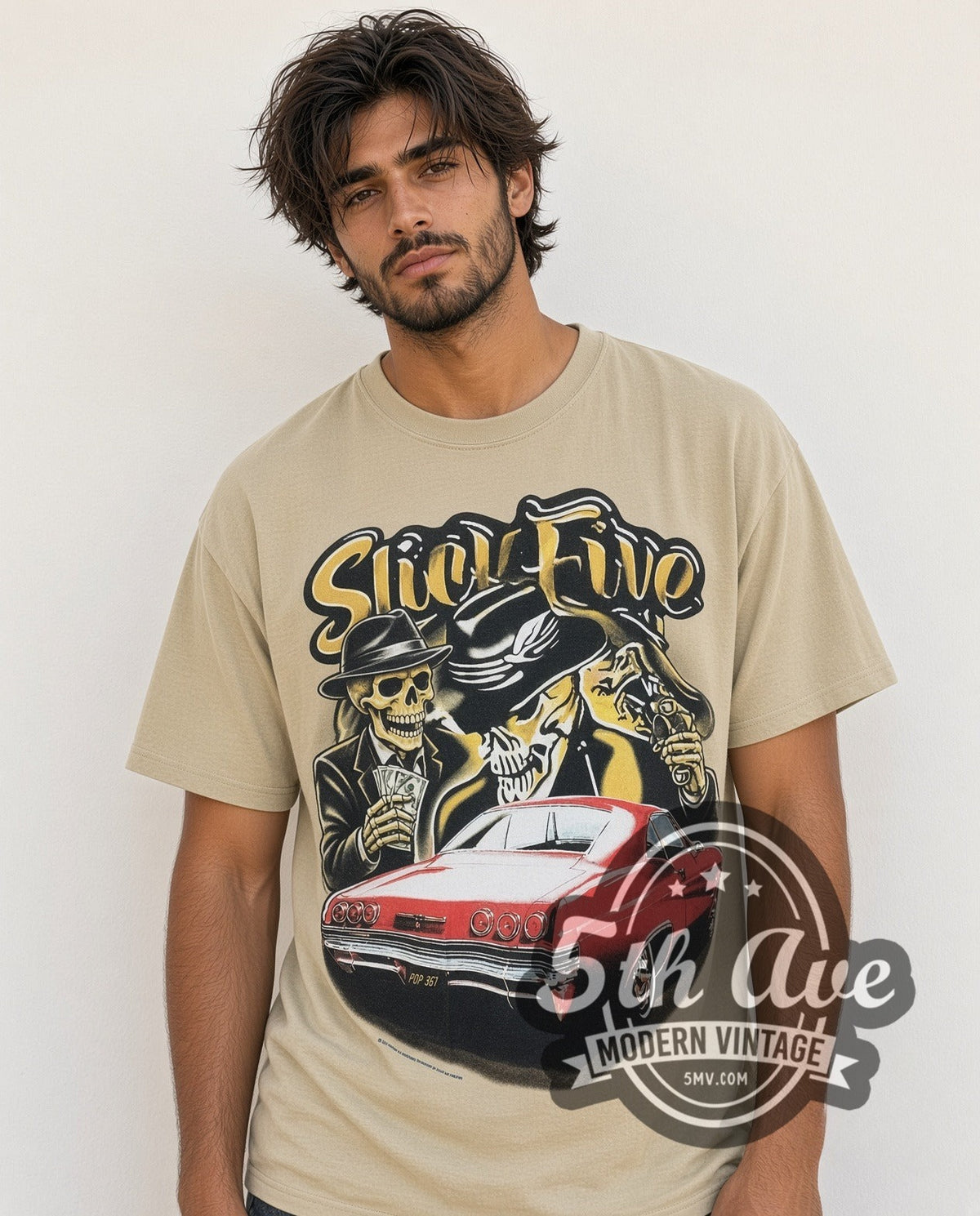 Model wearing the Rollin Hard Slick Five Lowrider vintage graphic tee in sand