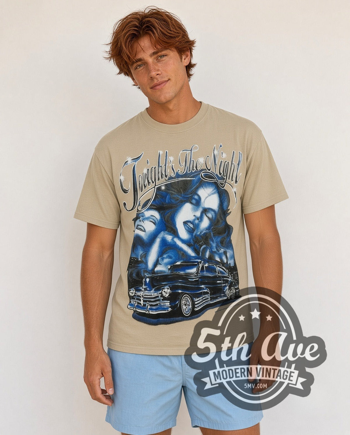 Model wearing the Rollin Hard Tonight's the Night Lowrider vintage graphic tee in sand