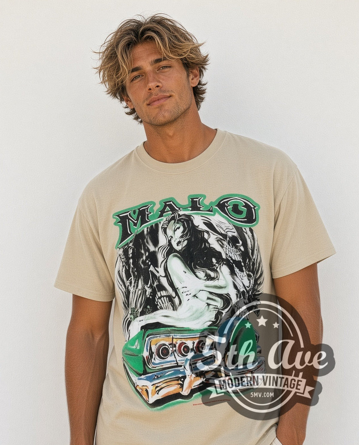 Model wearing the Malo pin-up and lowrider vintage graphic tee