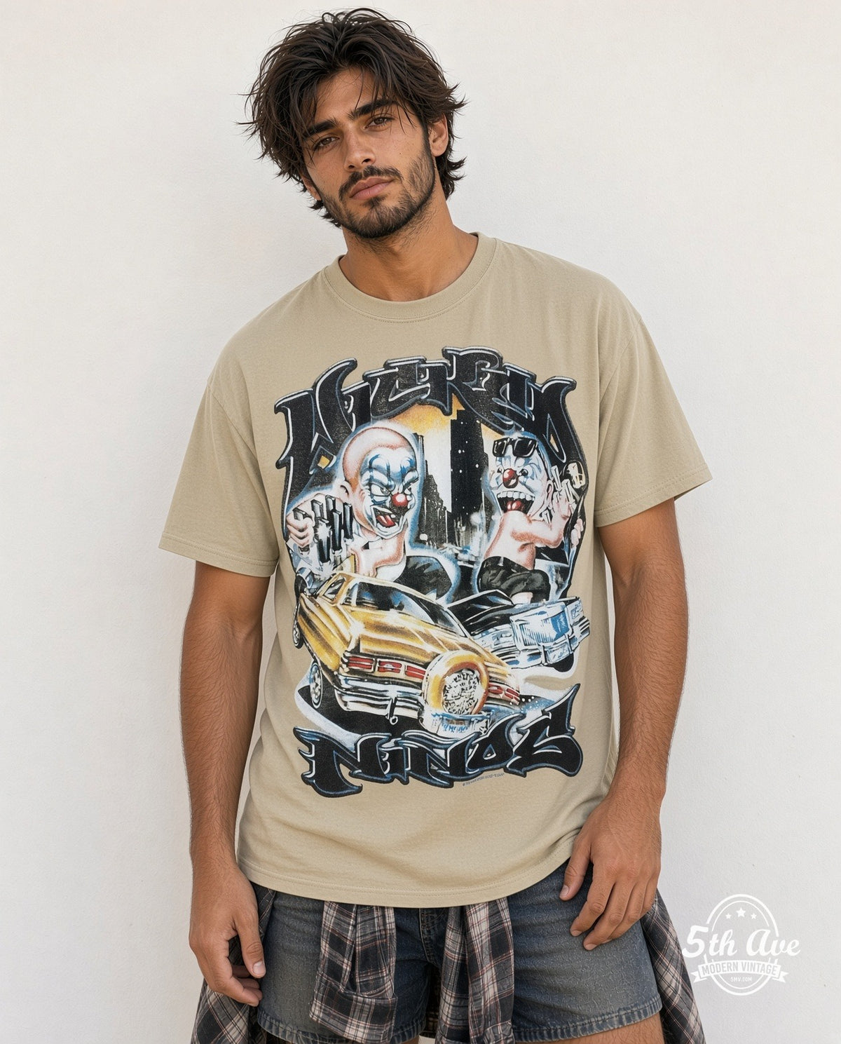 Model wearing the Rollin Hard Lowrider Clowns graphic tee