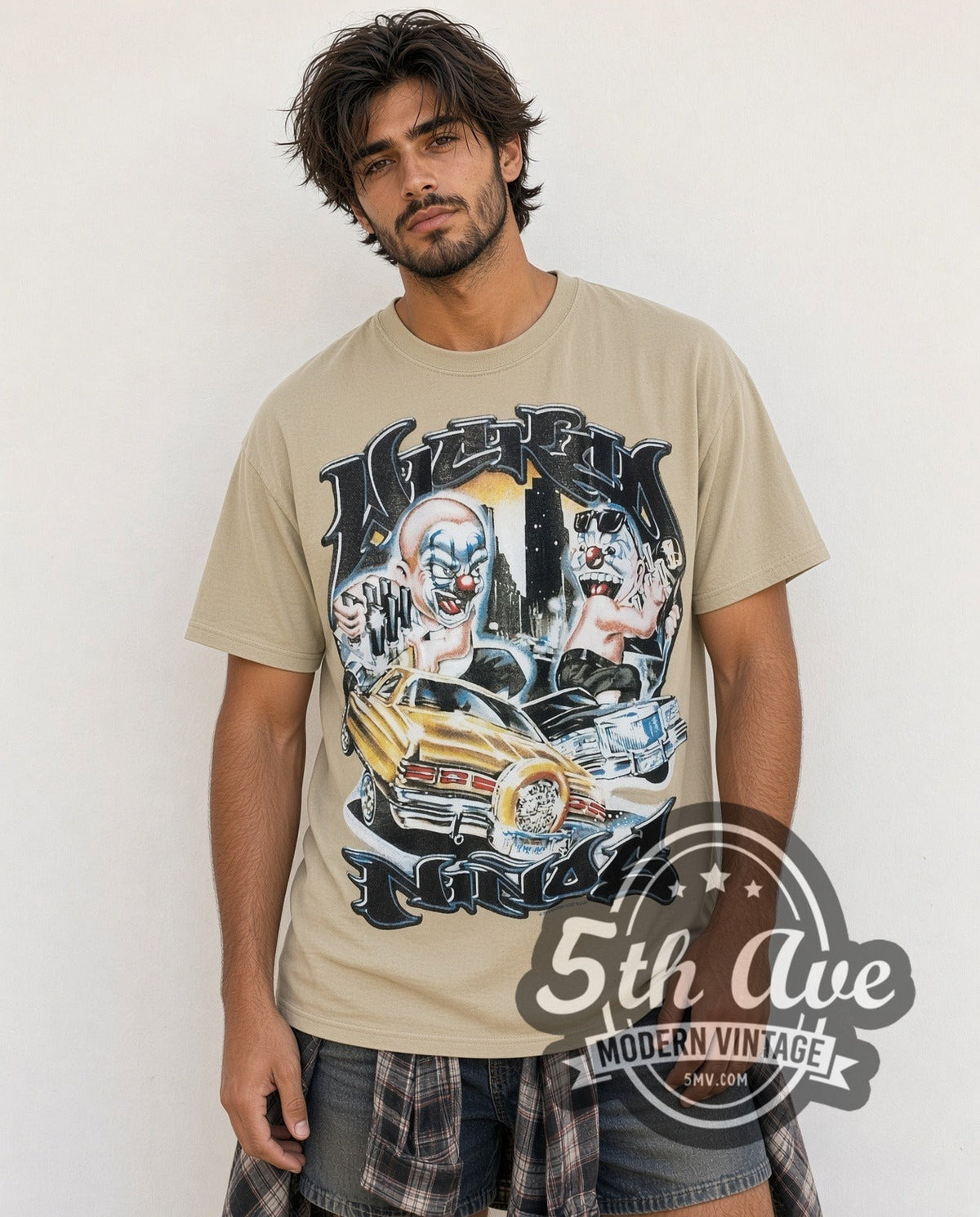 Model wearing the Rollin Hard Lowrider Clowns vintage graphic tee