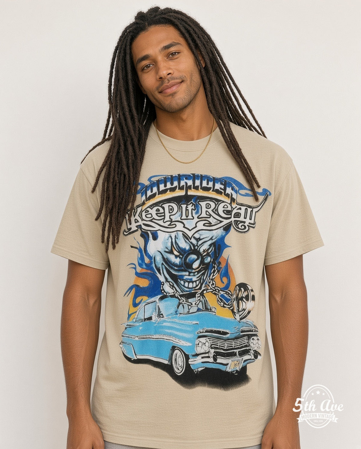 Model wearing the Rollin Hard Keep It Real Lowrider graphic tee