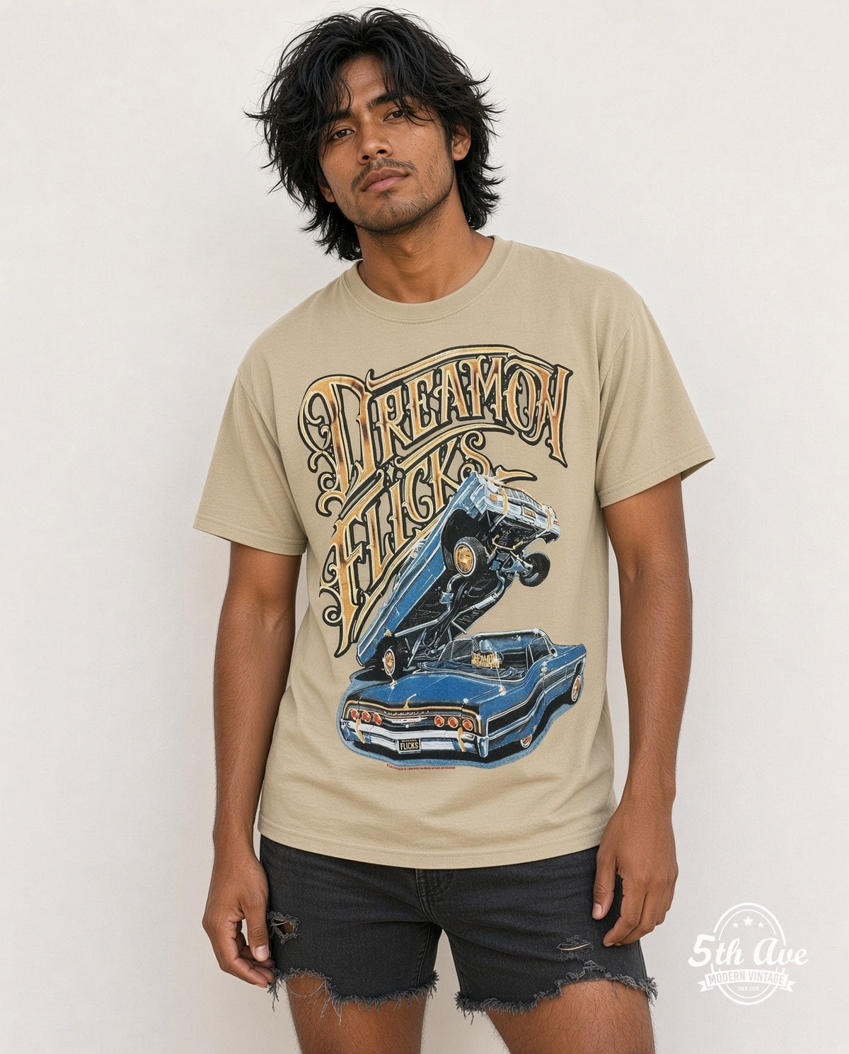 Model wearing the Rollin Hard Dream On Flicks Lowriders graphic tee