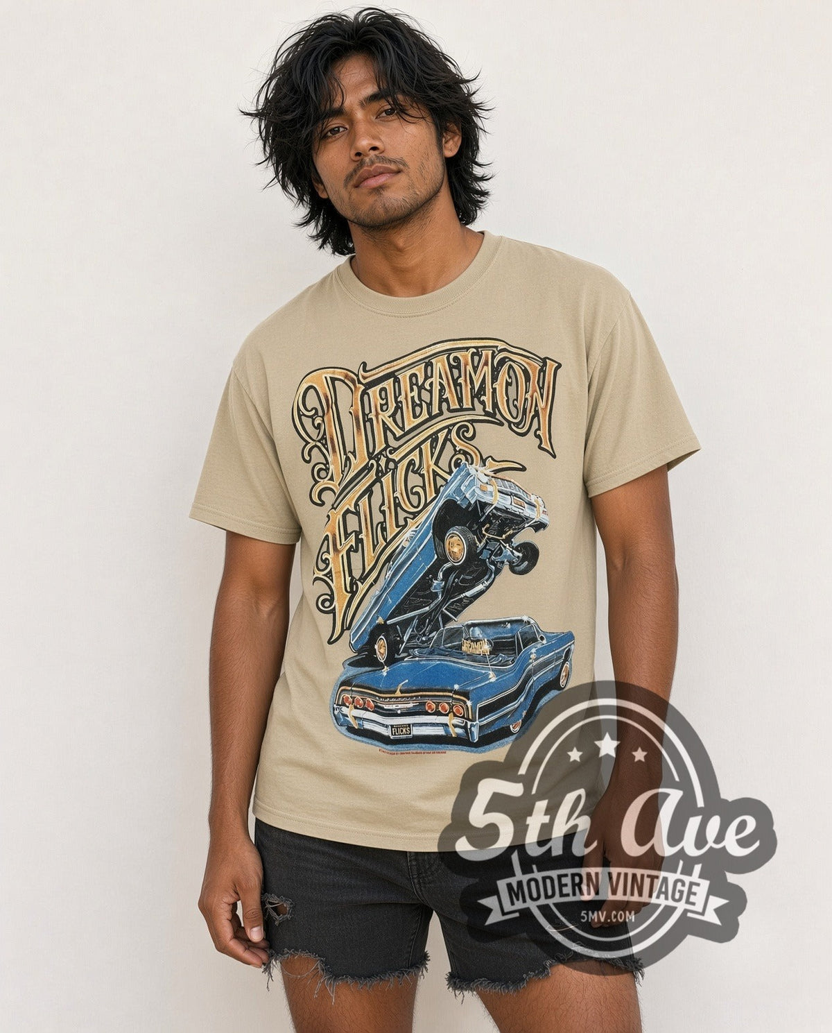 Model wearing the Rollin Hard Dream On Flicks Lowriders vintage graphic tee