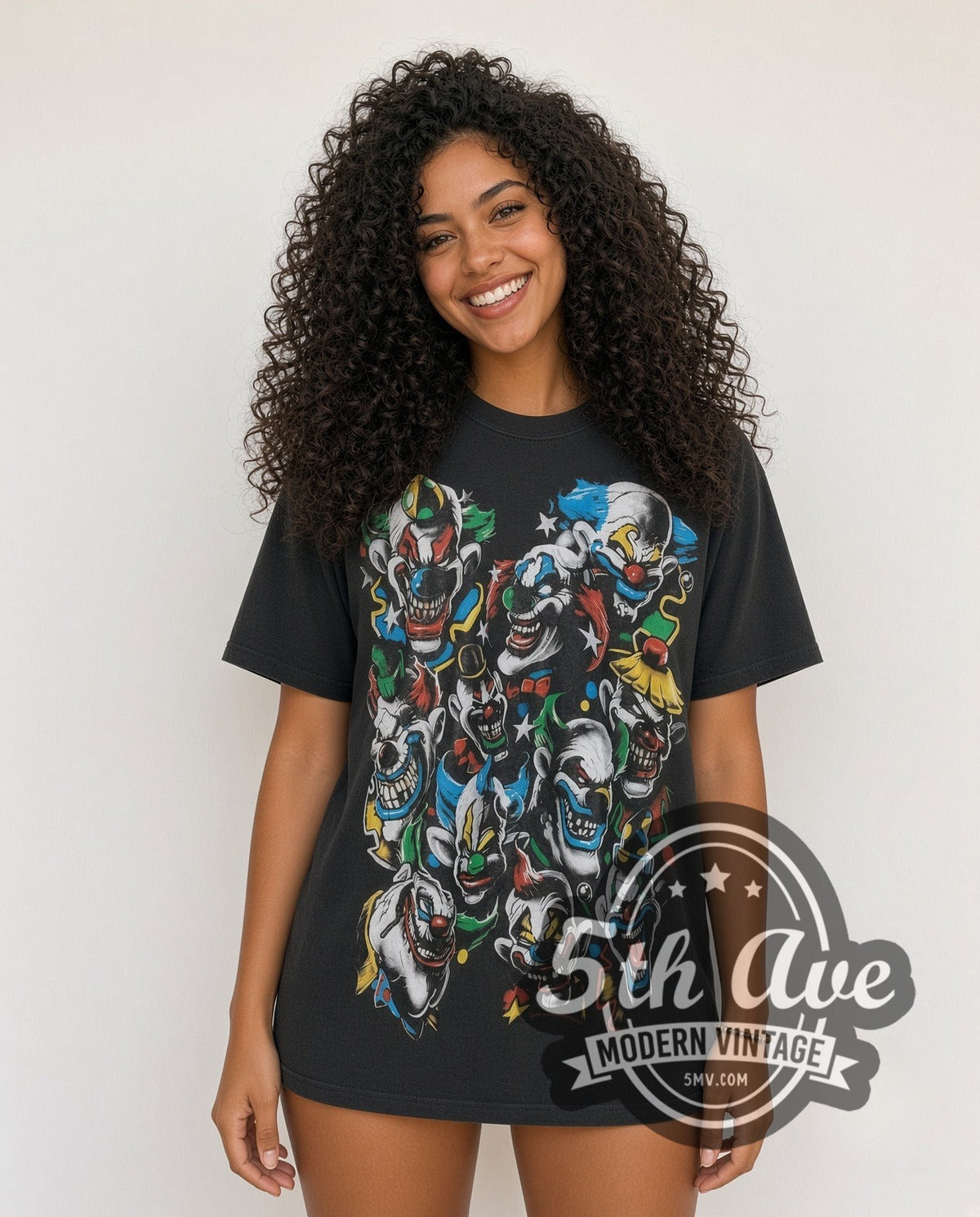 Model wearing the Laughing Clown Retro Clown vintage graphic tee