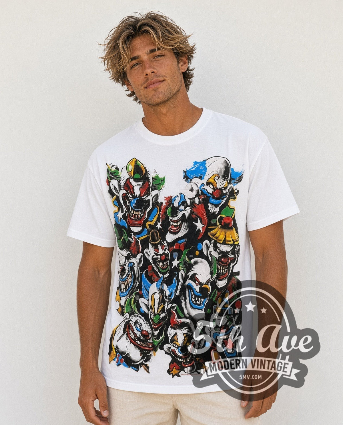 Model wearing the Laughing Clown Classic Clown vintage graphic tee