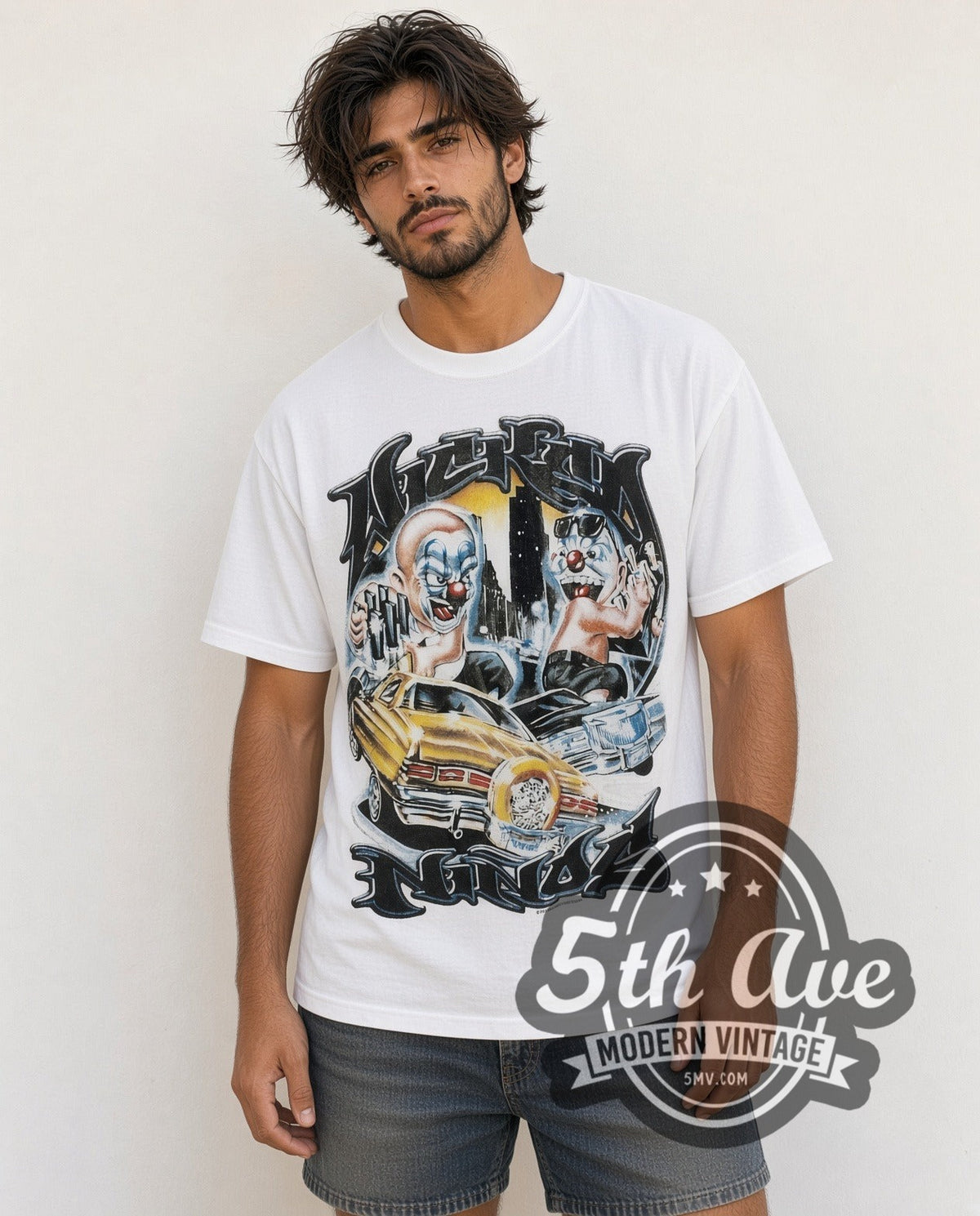 Model wearing the Rollin Hard Lowrider Clowns Unleashed vintage graphic tee