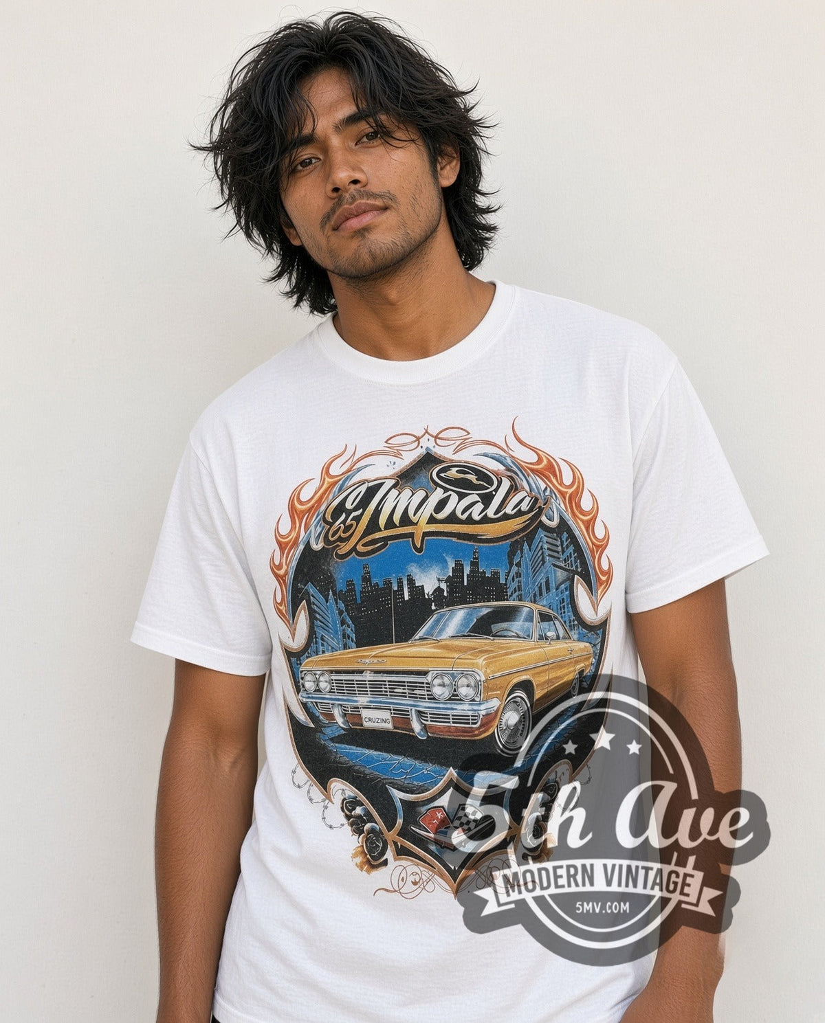 Model wearing the Rollin Hard '65 Impala Lowrider vintage graphic tee
