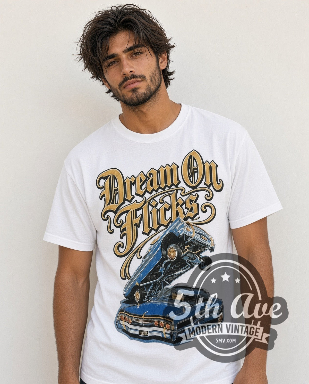 Model wearing the Rollin Hard White-on-White Lowrider Dreams vintage graphic tee in white