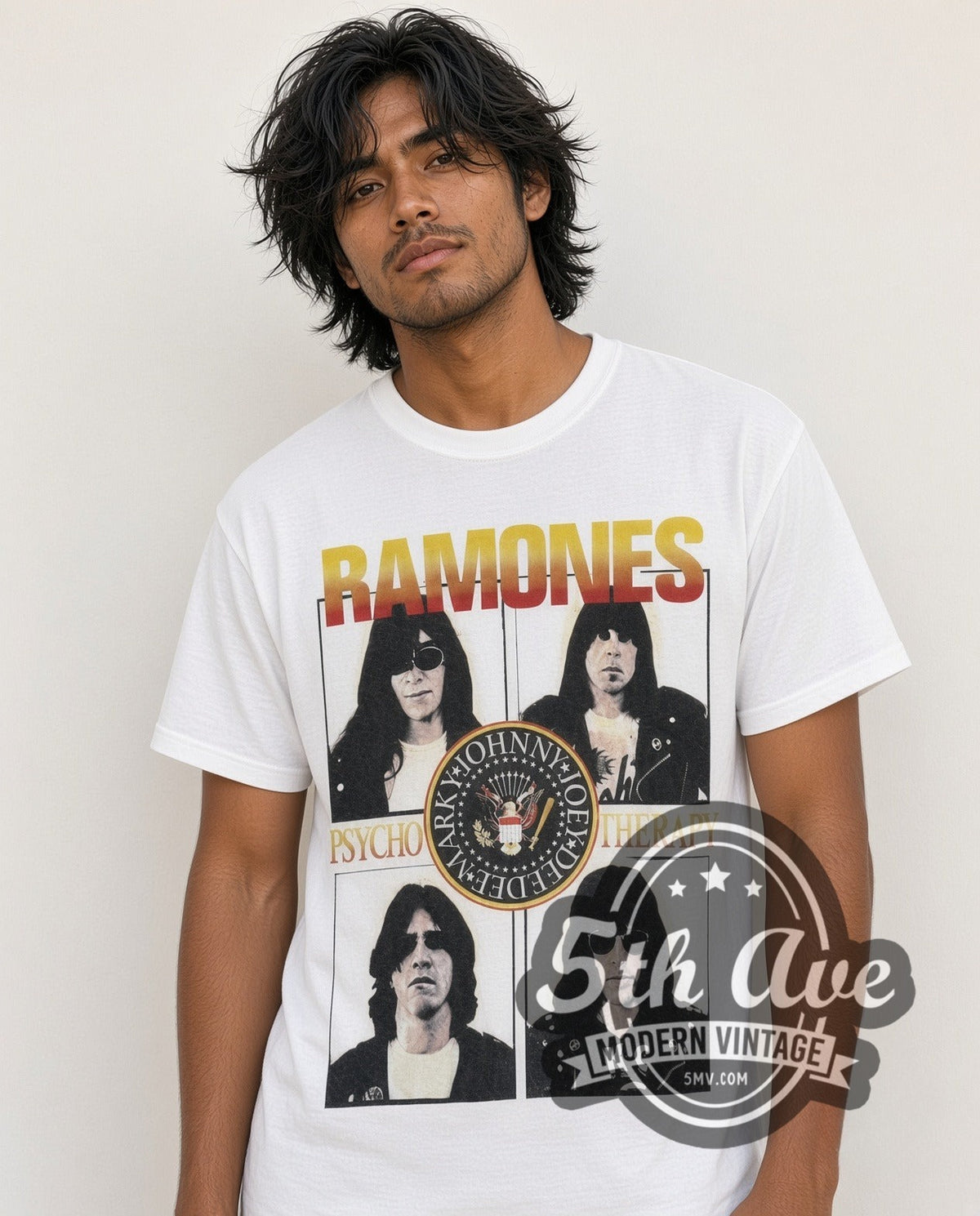 Model wearing the Ramones Psycho Therapy vintage band t-shirt in white