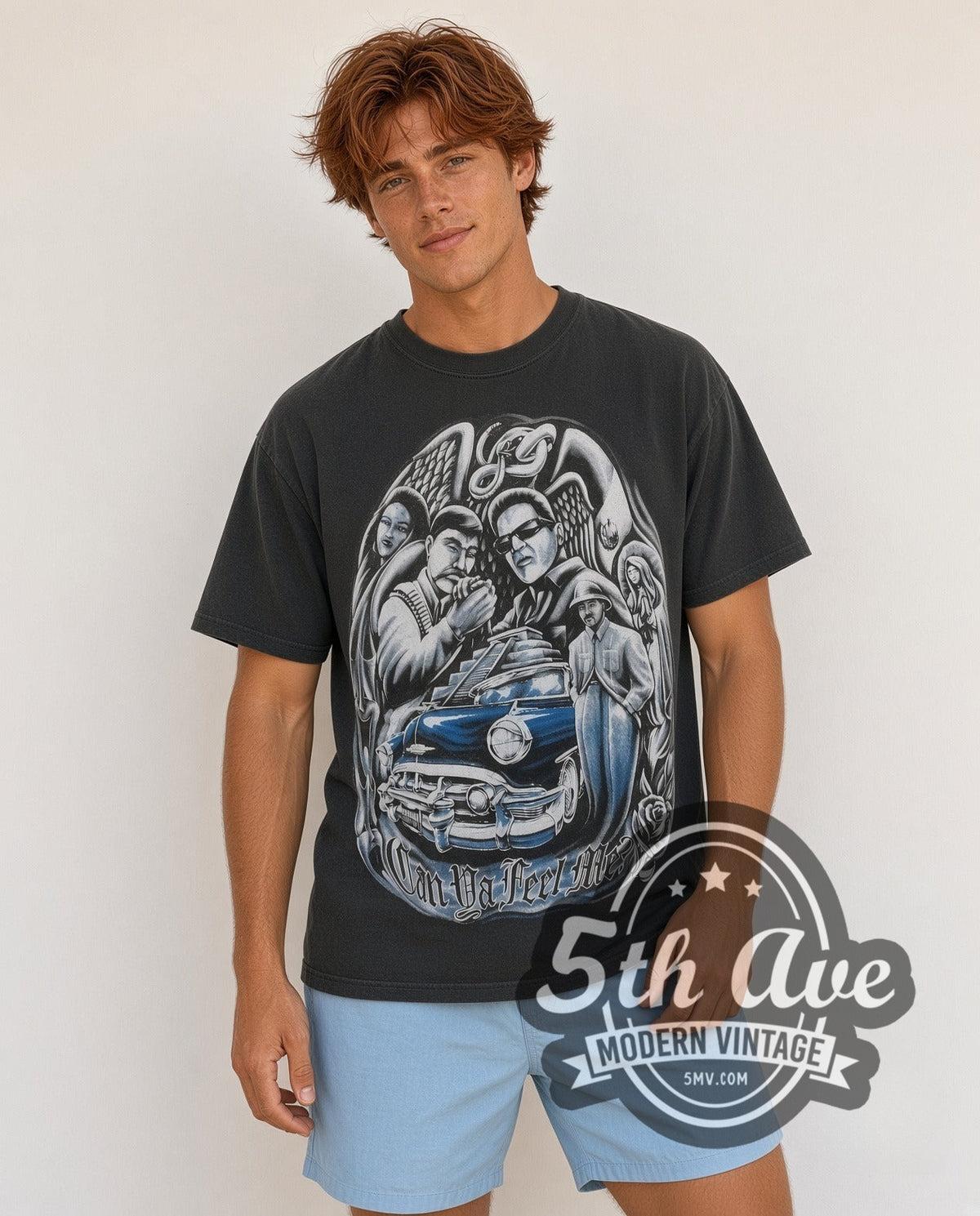 Model wearing the Rollin Hard Low Rider Culture Tribute vintage graphic tee