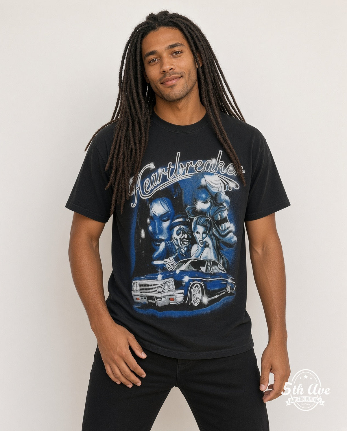 Model wearing the Rollin Hard Heartbreaker Lowrider graphic tee