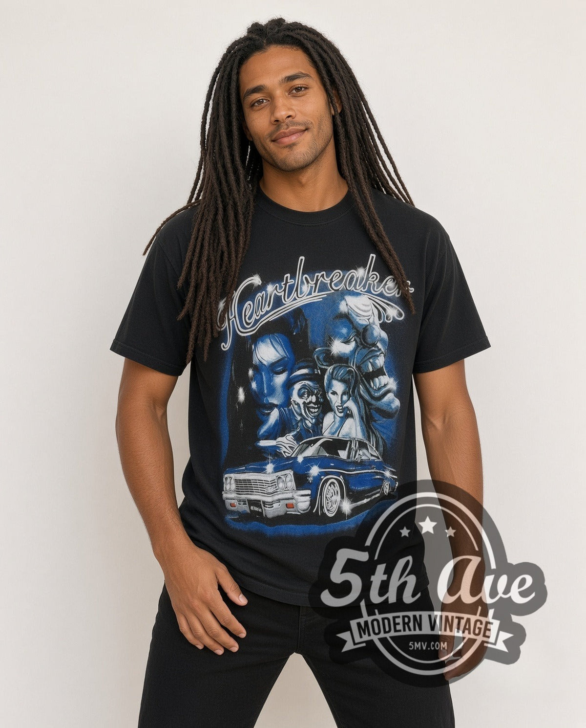 Model wearing the Rollin Hard Heartbreaker Lowrider vintage graphic tee