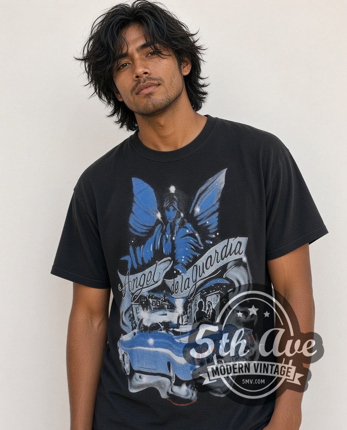 Model wearing the Rollin Hard Angel de la Guardia Lowrider vintage graphic tee