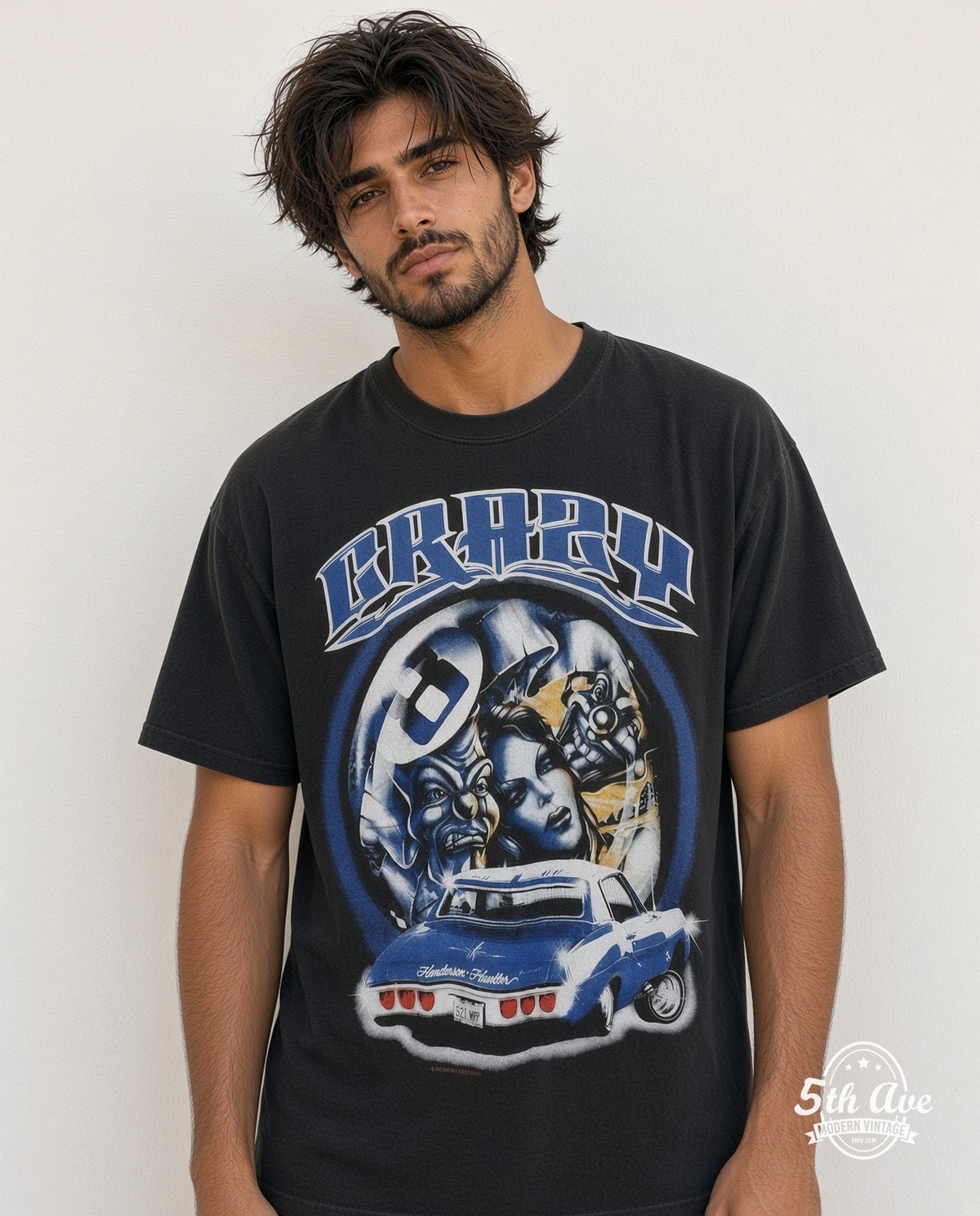 Model wearing the Crazy Rollin Hard Lowrider graphic tee