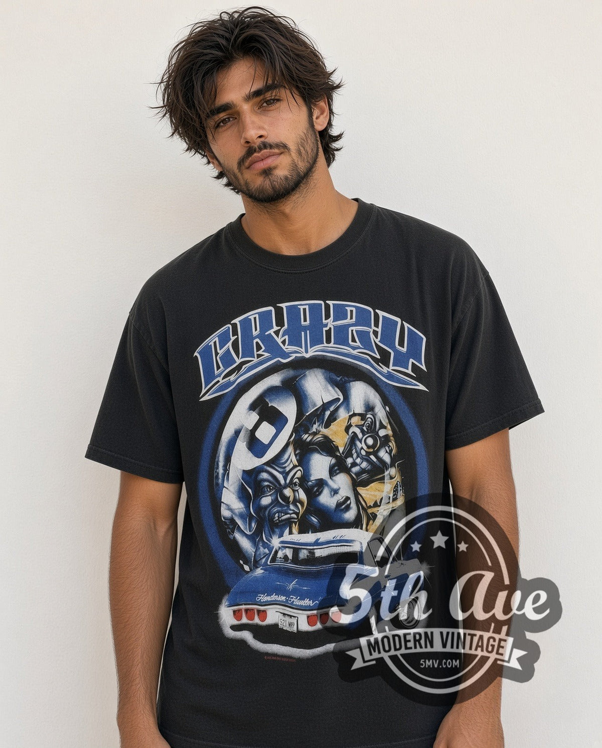Model wearing the Crazy Rollin Hard Lowrider vintage graphic tee