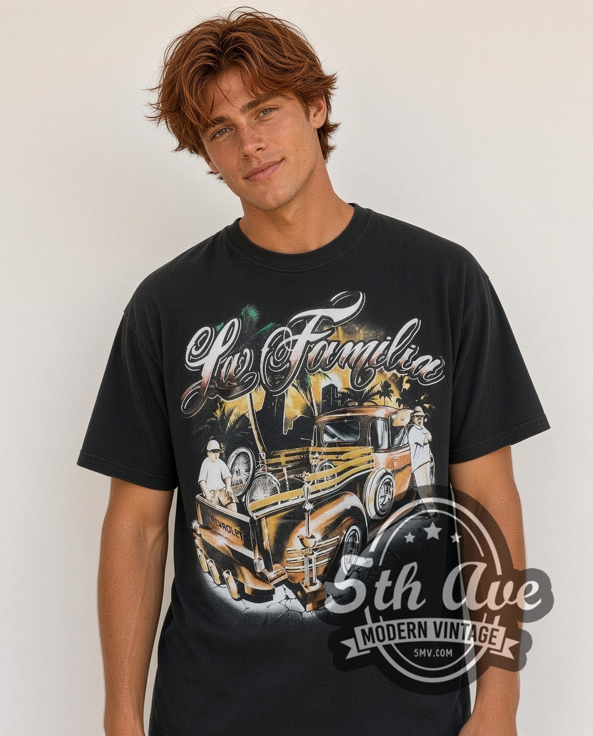 Model wearing the Rollin Hard For Familia Lowrider vintage graphic tee