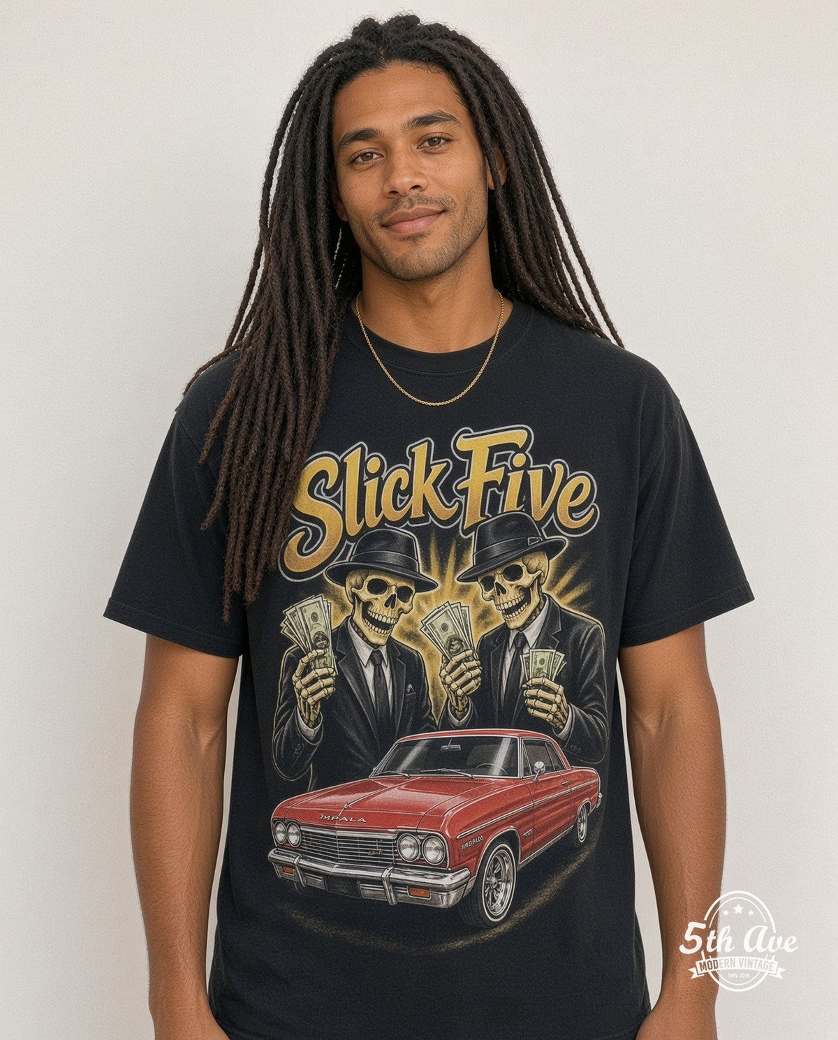 Model wearing the Rollin Hard Slick Five Lowrider graphic tee