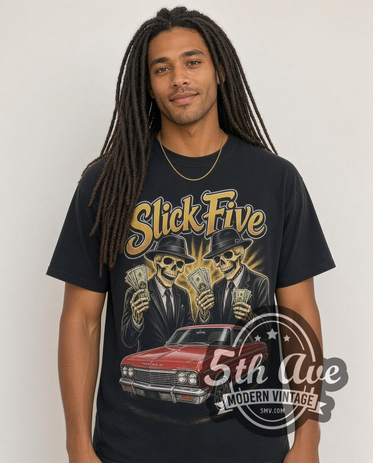 Model wearing the Rollin Hard Slick Five Lowrider vintage graphic tee