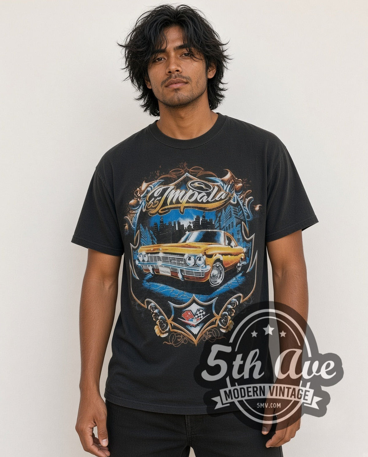 Model wearing the Rollin Hard '65 Chevy Impala Lowrider vintage graphic tee