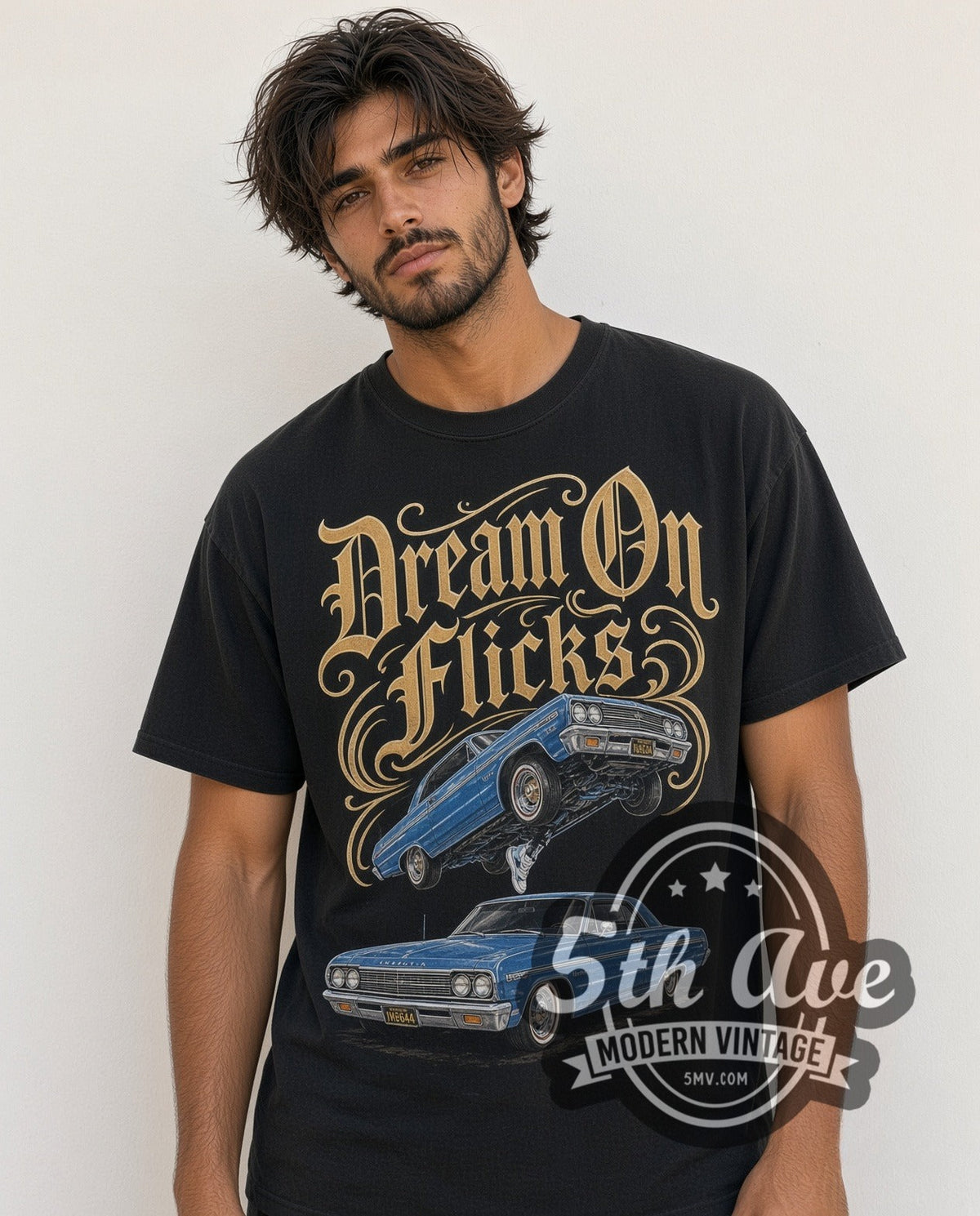 Model wearing the Rollin Hard Lowrider Dreams and Hydraulic Scenes vintage graphic tee