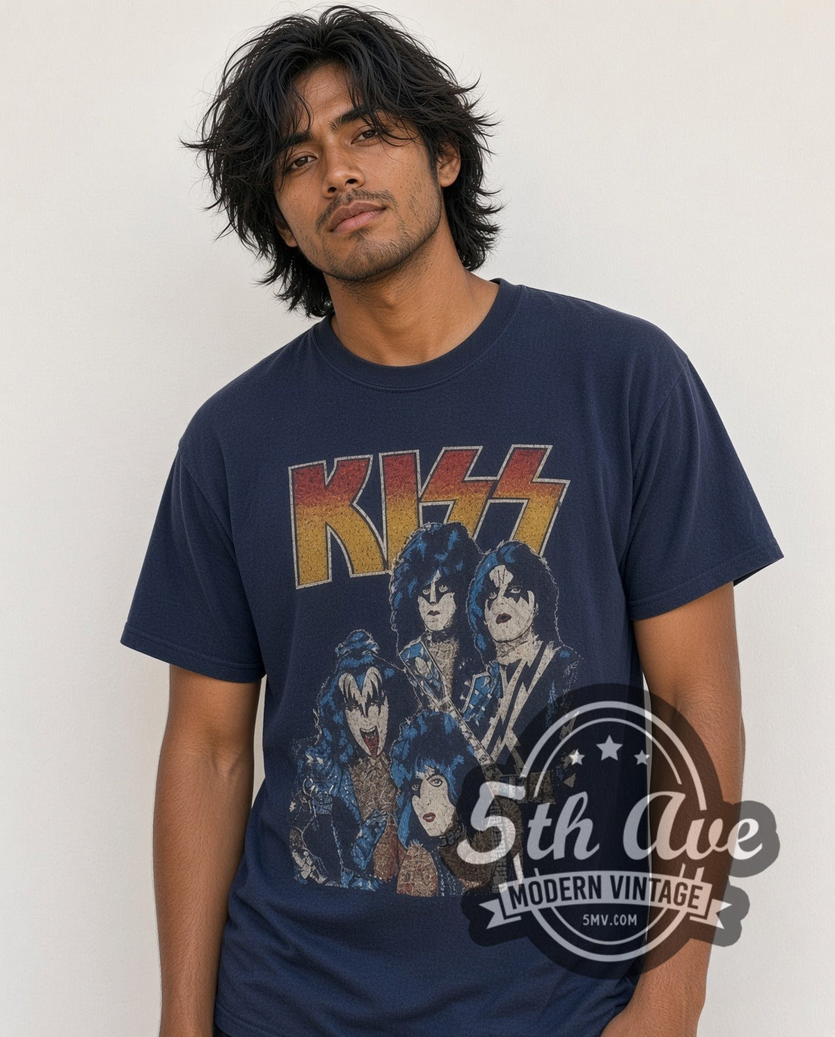 Model wearing the KISS Triple Logo vintage band t-shirt