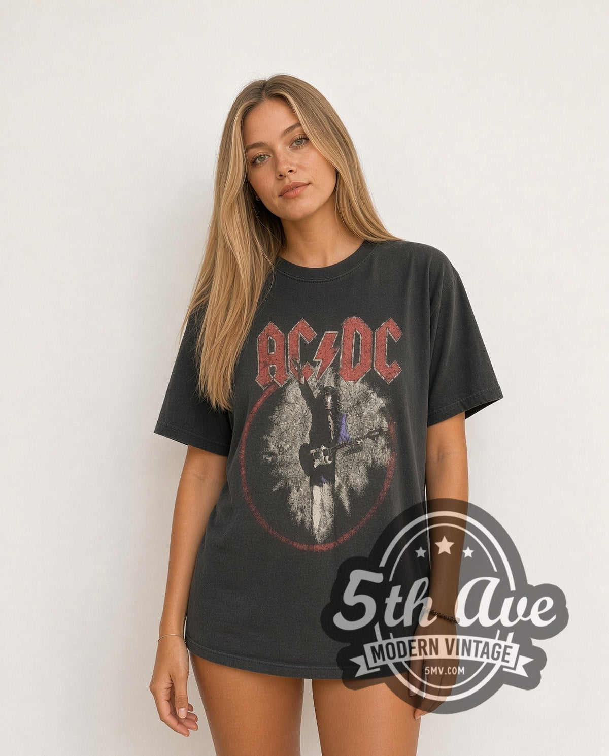 Model wearing the AC/DC 1988 World Tour vintage band t-shirt