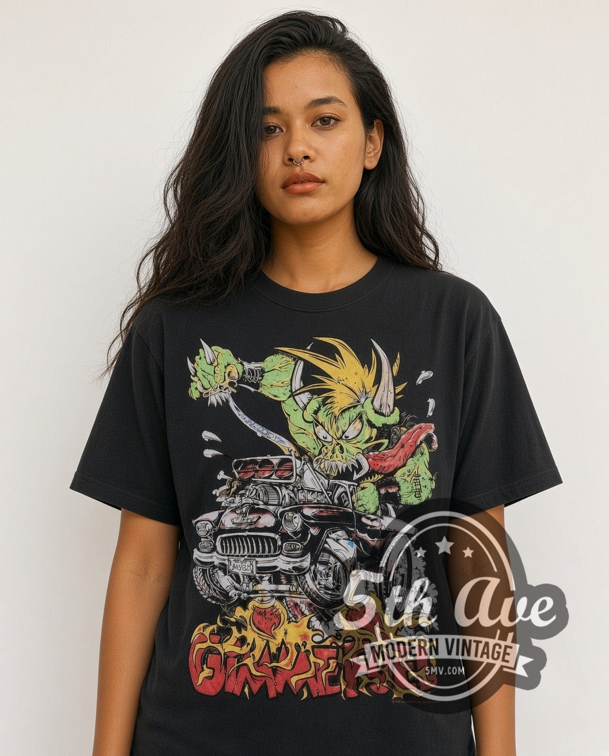Model wearing the Gimme Fuel Hot Rod Monster vintage cartoon t-shirt in black