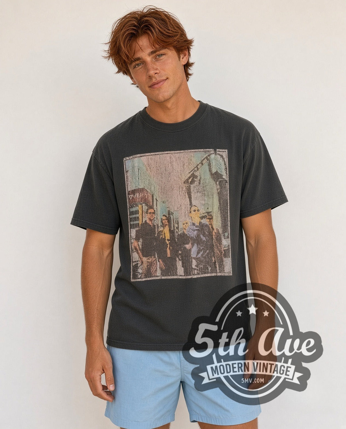 Model wearing the Radiohead Distressed Urban Band Photo Charcoal vintage band t-shirt