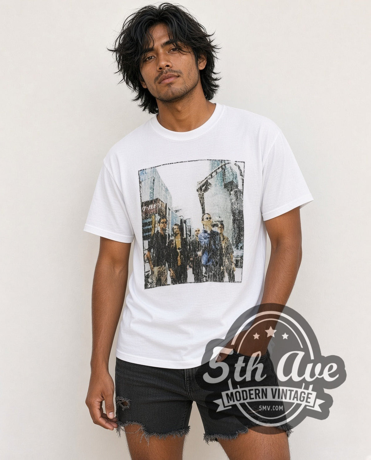 Model wearing the Radiohead Tokyo Street Walking Photo vintage band t-shirt in white