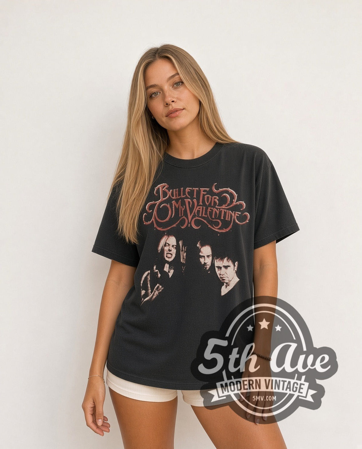 Model wearing the Bullet for My Valentine Faded Elegance vintage band t-shirt