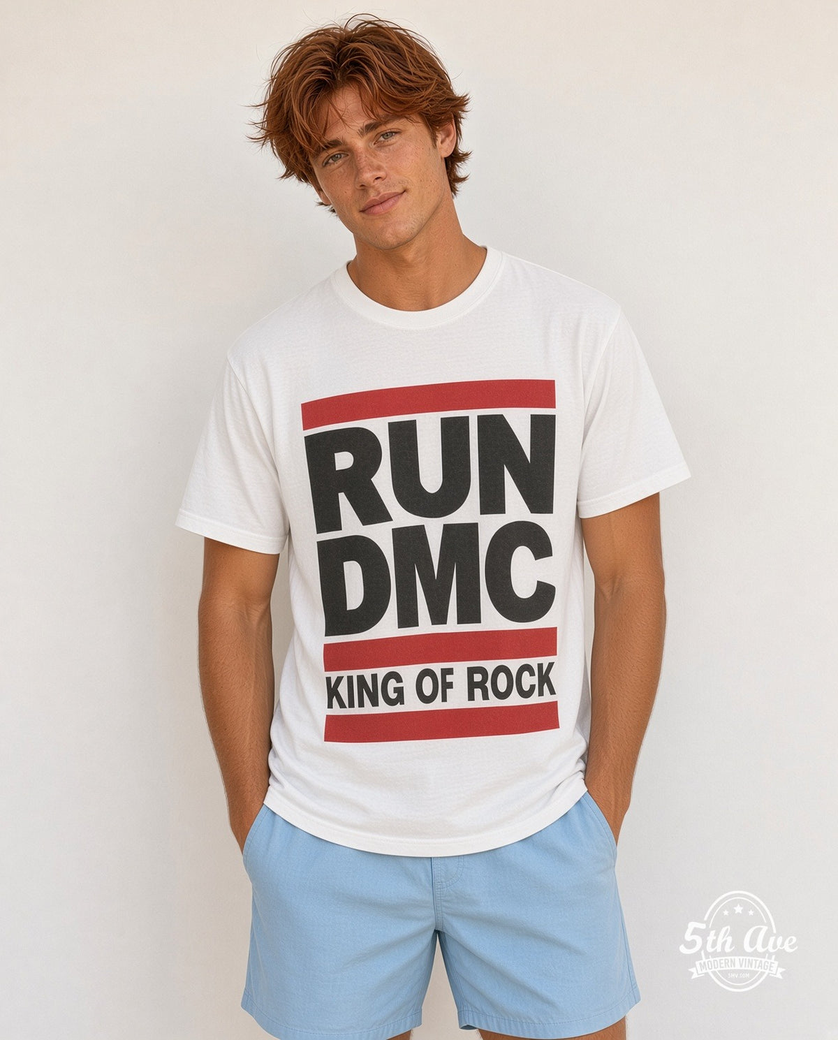 Model wearing the Run DMC King of Rock vintage band t-shirt