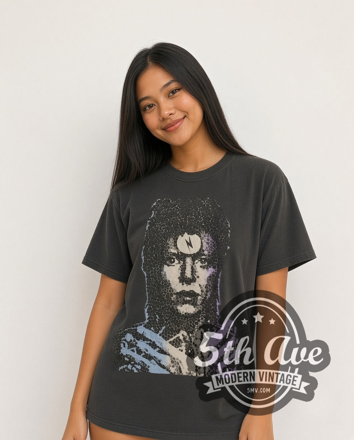 Model wearing the David Bowie Enigmatic Resonance Portrait vintage band t-shirt