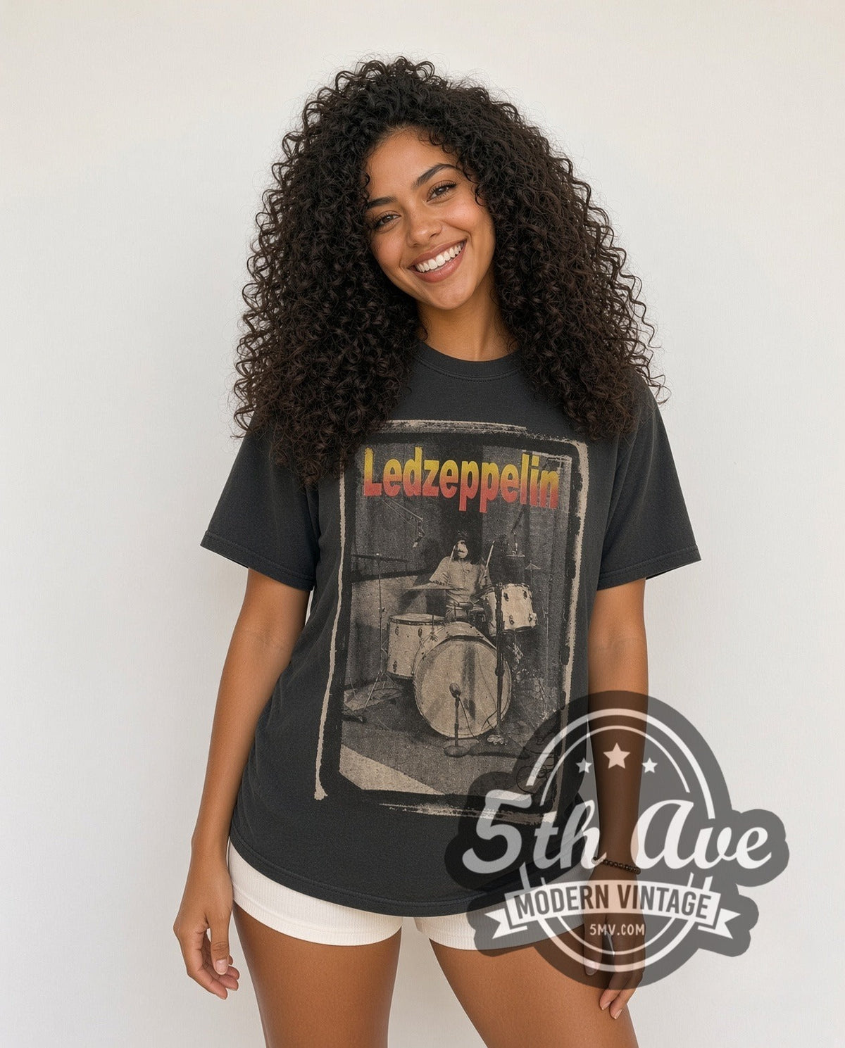 Model wearing the Led Zeppelin Original Drummer Tribute vintage band t-shirt