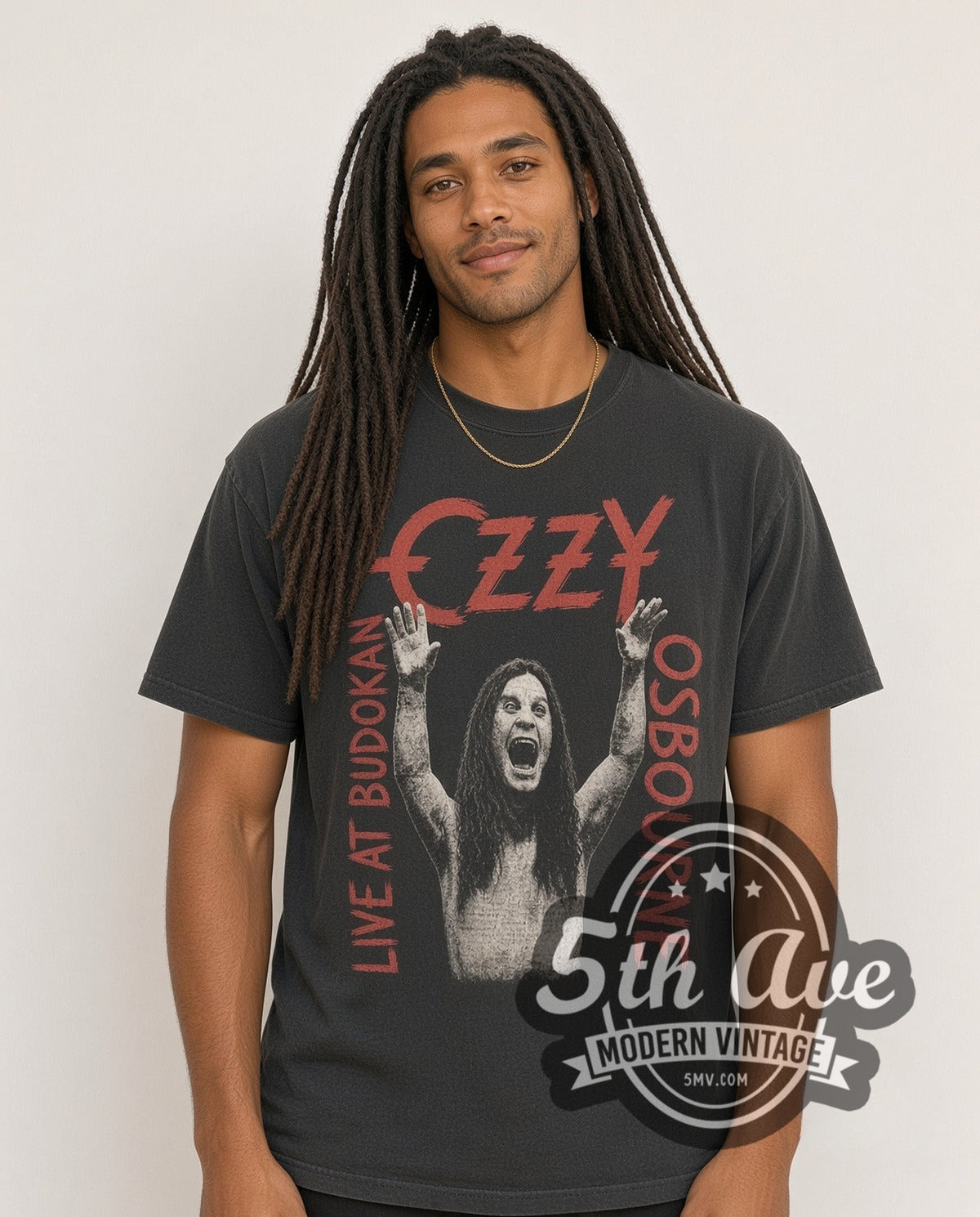 Model wearing the Ozzy Osbourne Live at Budokan vintage band t-shirt
