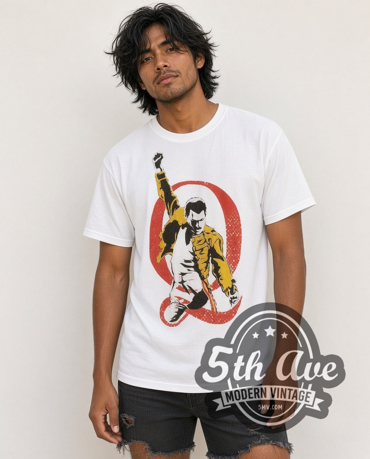 Model wearing the Queen Freddie Mercury vintage band t-shirt