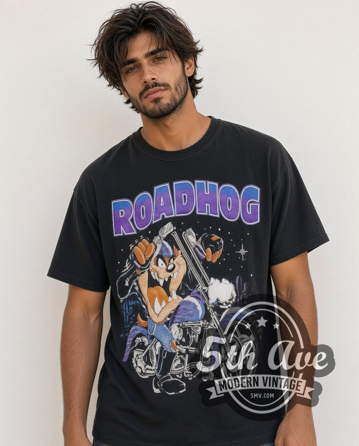 Model wearing the Looney Tunes / Harley-Davidson Roadhog vintage Harley tee in black