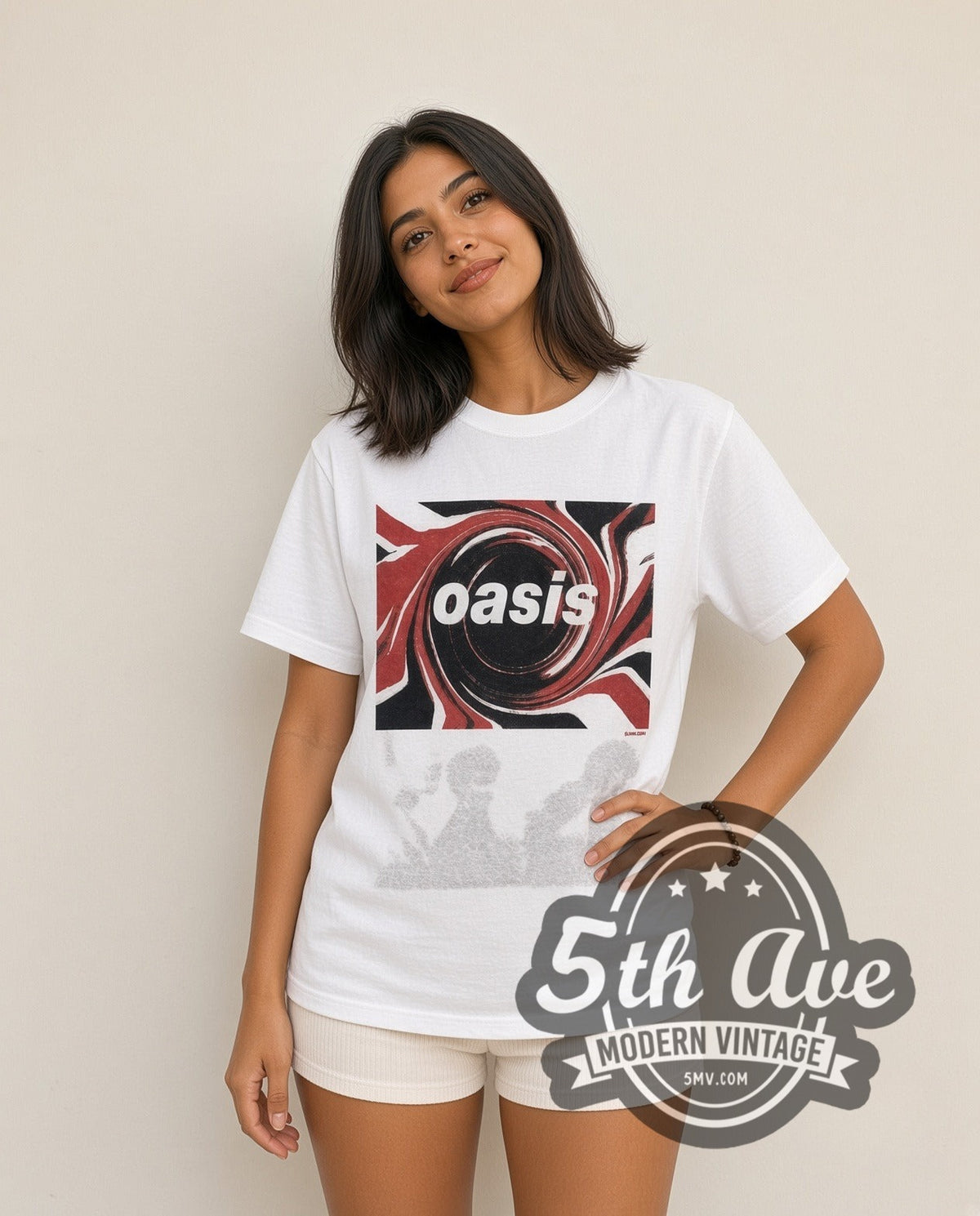 Model wearing the Oasis Swirl Logo vintage band t-shirt in white