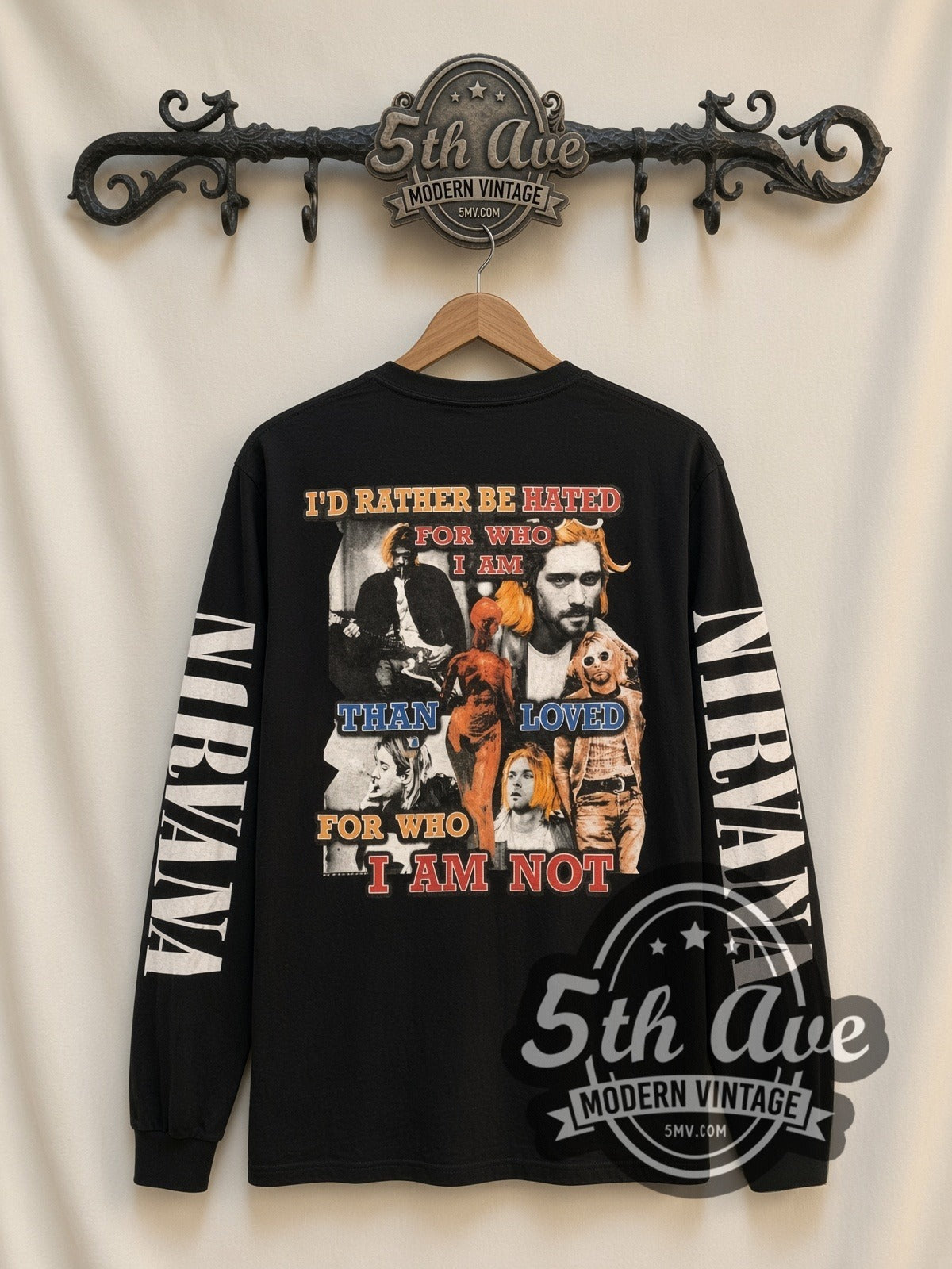Nirvana Kurt Cobain 1967-1994 vintage band long sleeve t-shirt, back view on a display rack