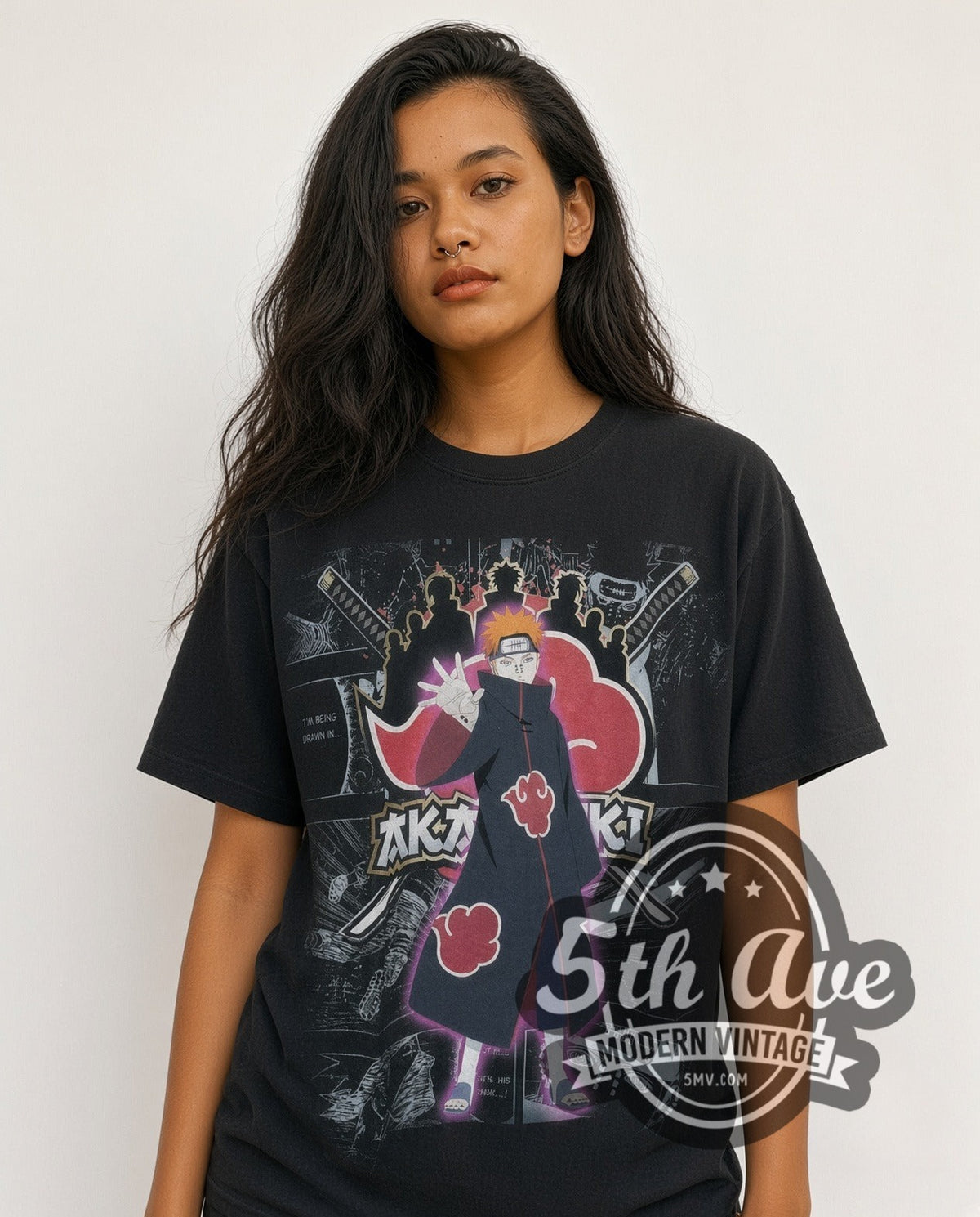 Model wearing the Naruto Shippuden Akatsuki vintage anime t-shirt