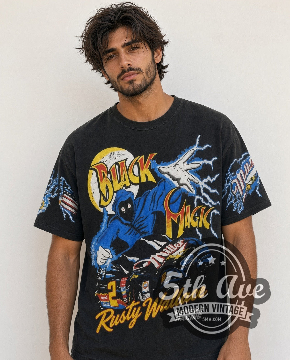 Model wearing the NASCAR / Rusty Wallace Black Magic Miller #2 all-over-print vintage NASCAR tee in black