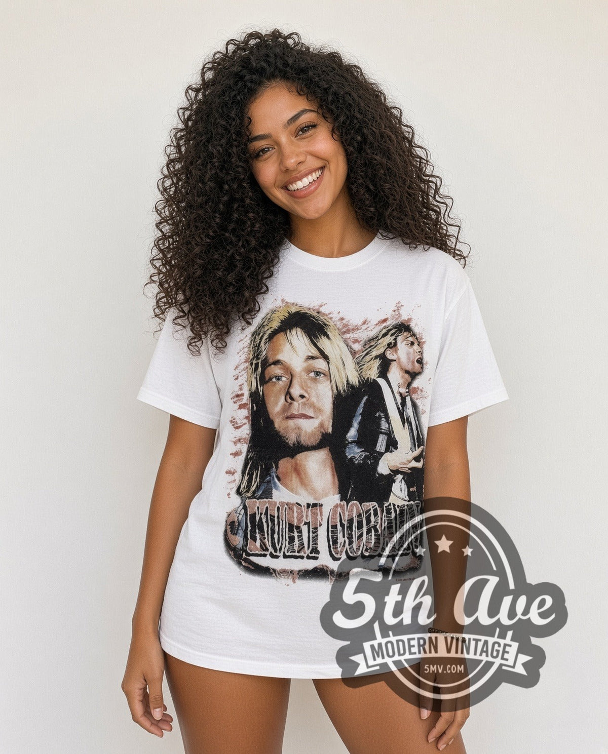 Model wearing the Kurt Cobain With Band vintage band t-shirt in white