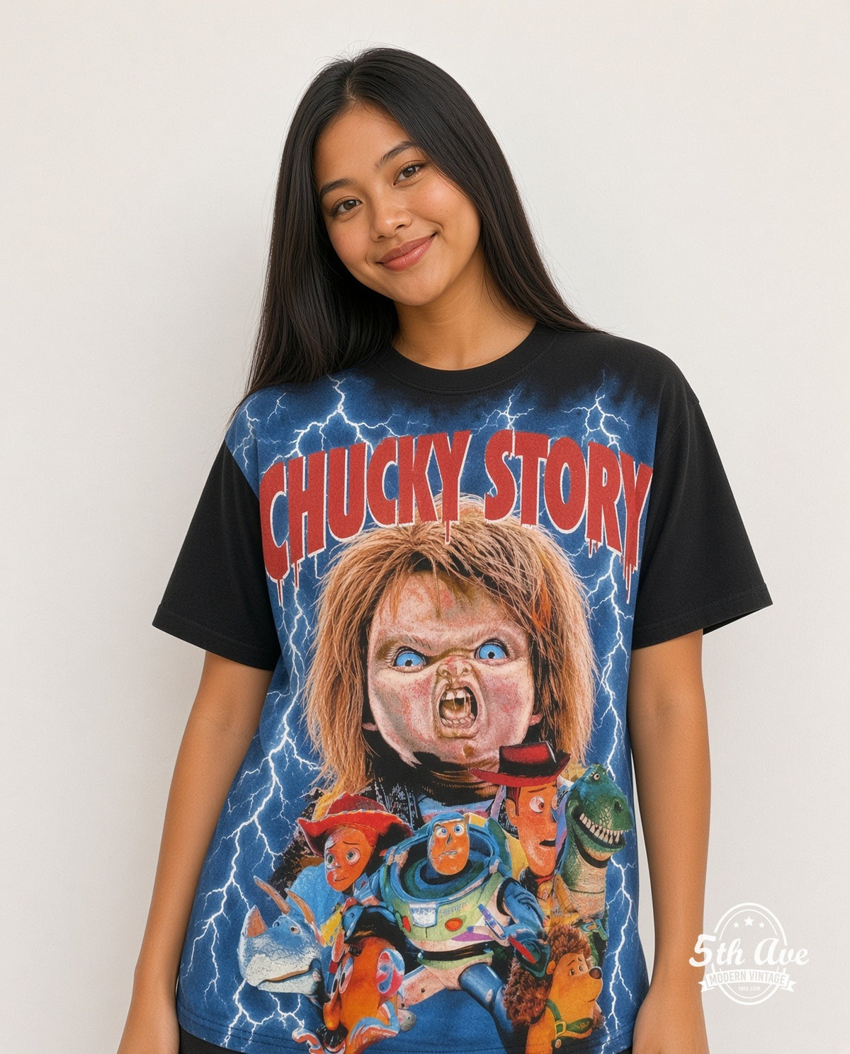 Model wearing the Chucky Story all-over-print movie tee (photo 4)